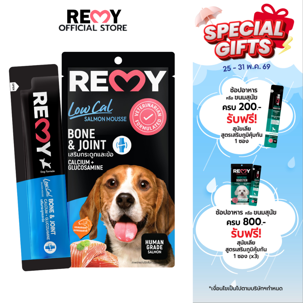 REMY เรมี่ แซลมอนมูส (สำหรับสุนัข) สูตรบำรุงกระดูกและข้อ 15 กรัม x 1 ถุง (4 ชิ้น)