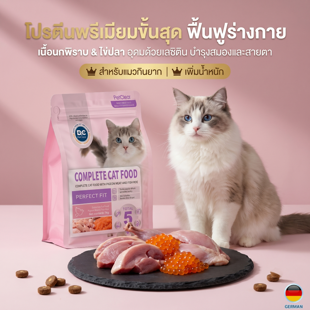 [PetClear] อาหารแมวพรีเมียม เนื้อแท้ 75% โปรตีน 42% สูตรเนื้อห่านและคริลล์ออยล์ บำรุงขนสวยเงางาม