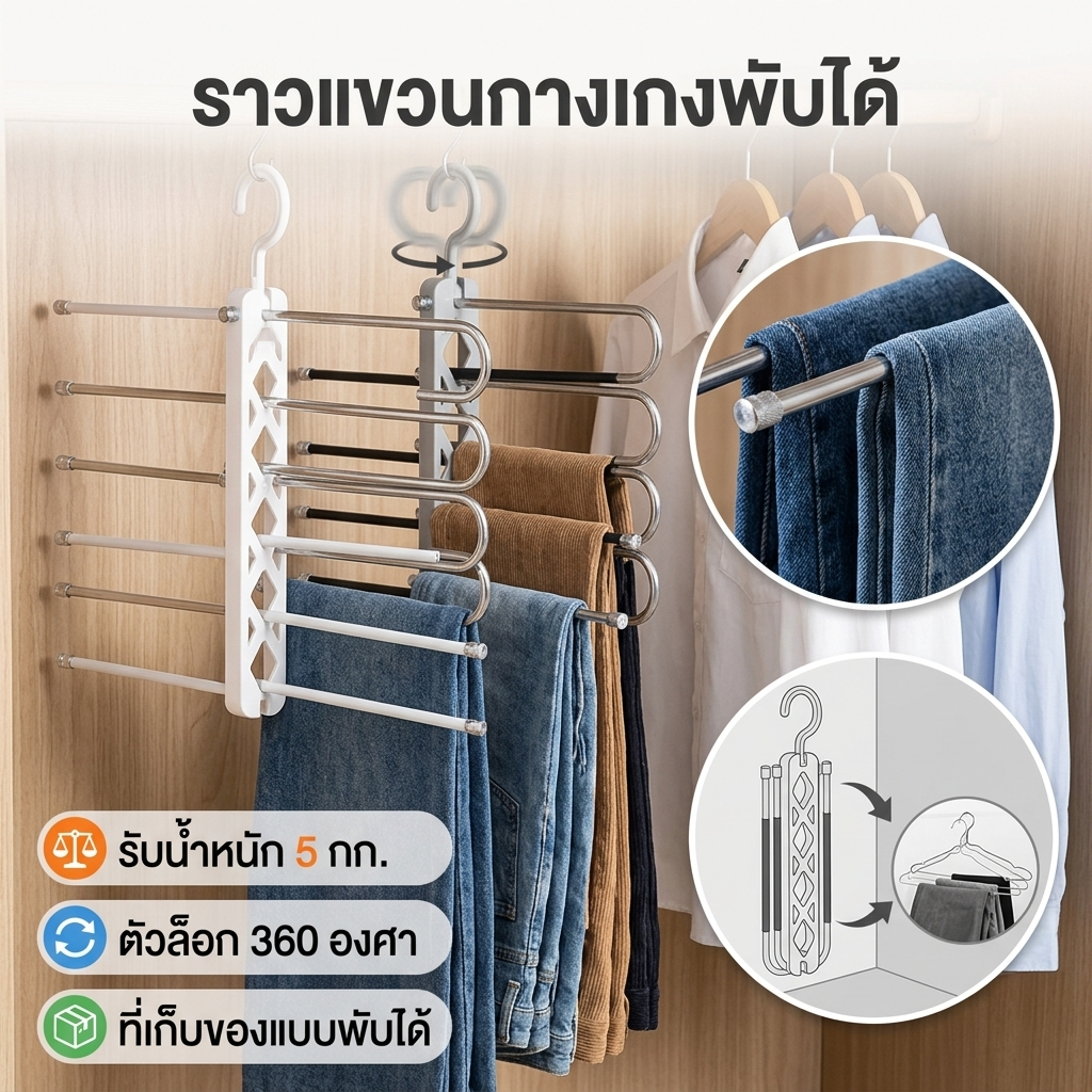 ที่แขวนกางเกง 5 ชั้น | แบบงานหนัก รับน้ำหนัก 11 ปอนด์ | จัดเก็บได้หลายชั้น ประหยัดพื้นที่