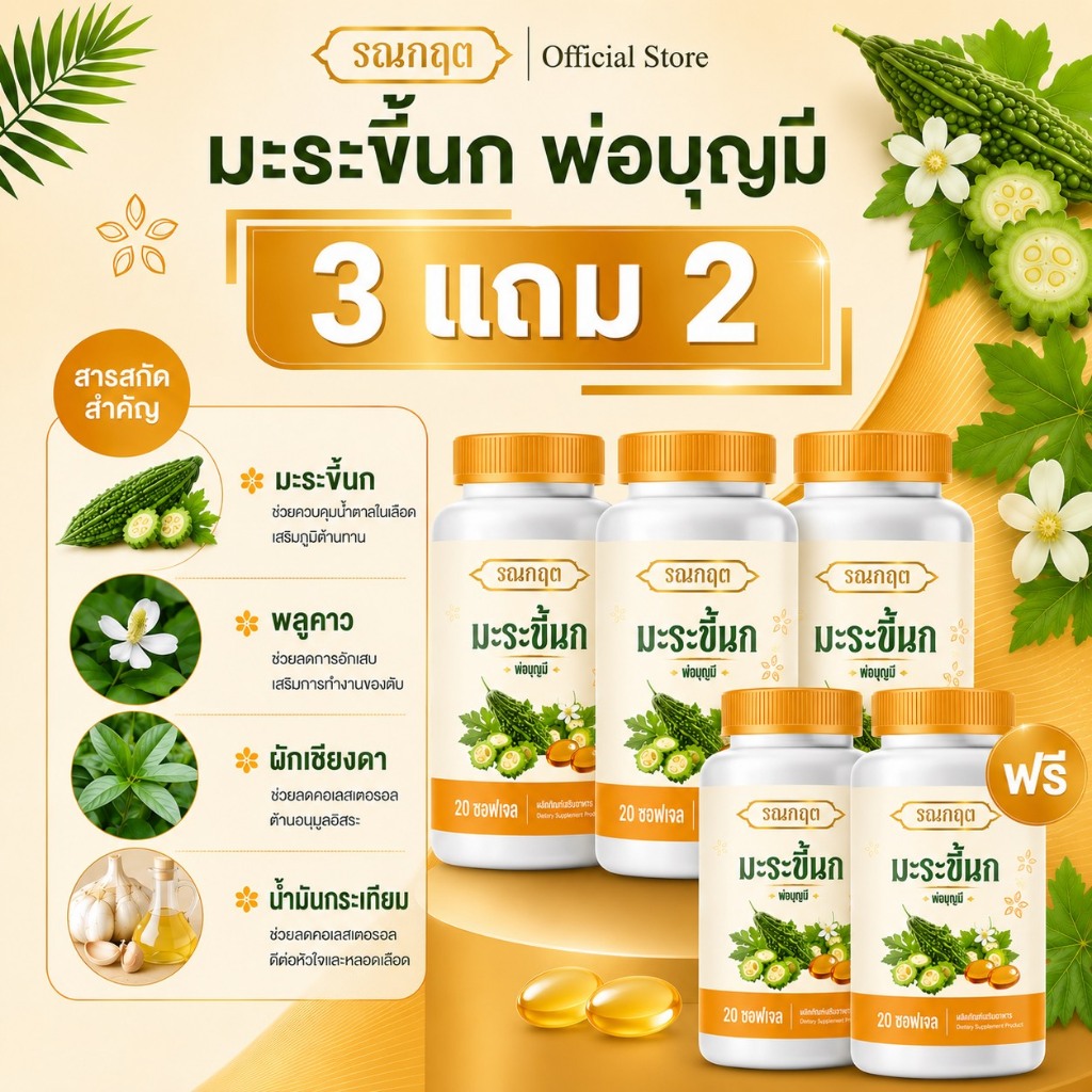 พ่อบุญมี รณกฤต มะระขี้นก ขนาด 20 เม็ด/กระปุก (ซื้อ 3 แถม 2)