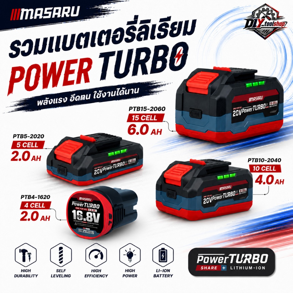 MASARU แบตเสริม PTB15-2060/PTB10-2040/PTB5-2020/PTB4-1620 POWER TURBO อุปกรณ์ไร้สาย แบต สว่าน