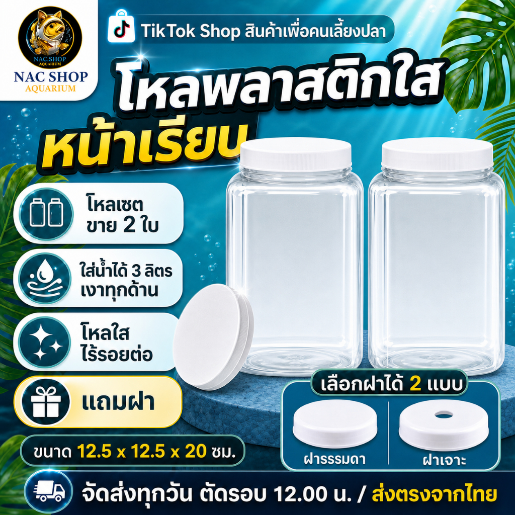 NAC.Shop เซทคู่สุดคุ้ม พร้อมเลี้ยง โหลใสหน้าเรียบไร้รอยต่อ 2 ใบ โหลใส่ปลากัด โหลเลี้ยงปลา ปลากัด