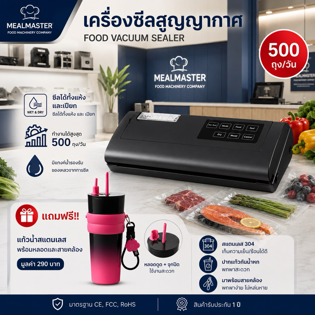 [ประกัน1ปี+รุ่นยอดนิยม]เครื่องซีลสุญญากาศ  สำหรับถุงแบบเรียบ | แรงดูด 0.8 bar !!แถม ถุงซีล10ใบ