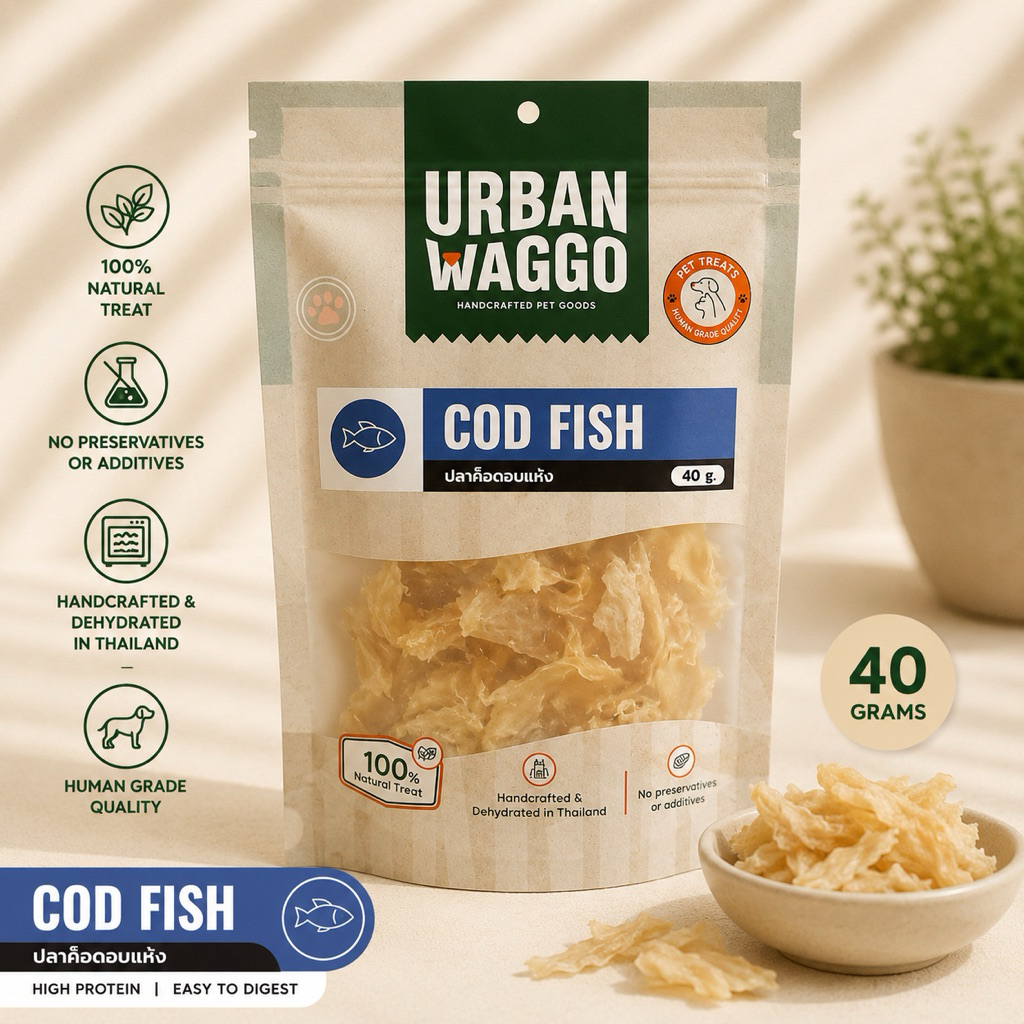 ปลาค็อดอบแห้ง (ปลาในธรรมชาติ wild caught) ขนมสุนัข ขนมแมว ขนมหมา Dehydrated Cod Fish Urban waggo
