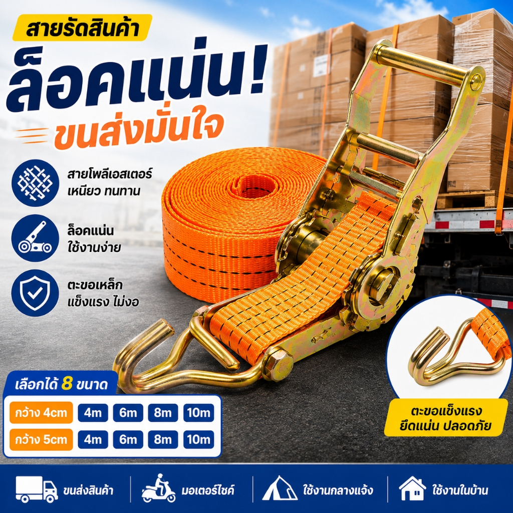 ชุดสายรัดของ 4-5cm เกรดอุตสาหกรรม สายรัดก๊อกแก๊ก 4M-10M เชือกรัดของท้ายรถบรรทุก ล็อคแน่นหนาพิเศษ สำหรับขนส่งสินค้า COD