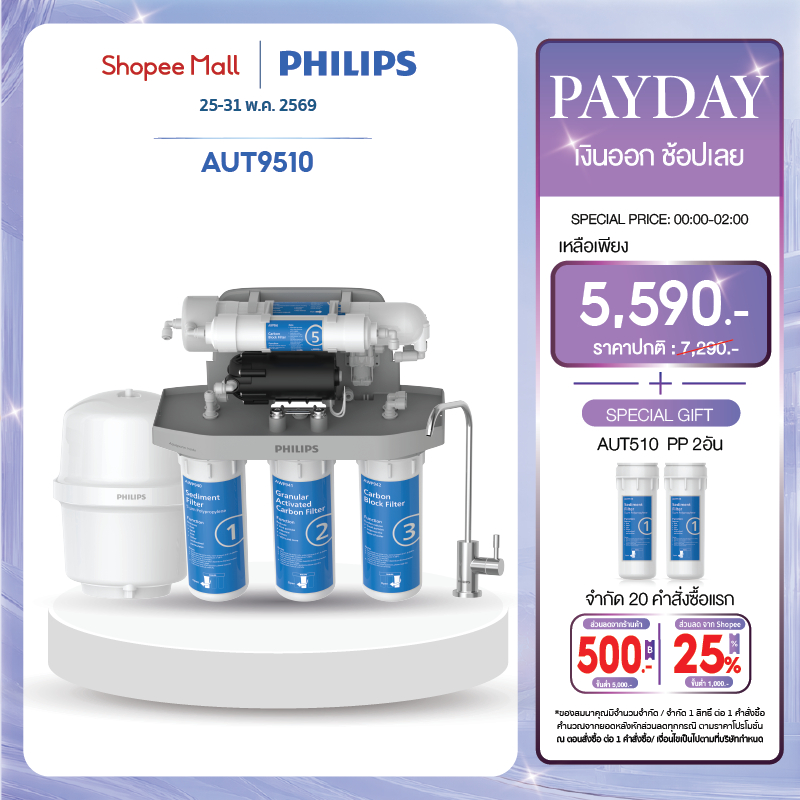 Philips water AUT9510 เครื่องกรองน้ำดื่ม 5 ขั้นตอน เมมเบรนระบบรีเวิร์สออสโมซิส (RO) เครื่องกรองน้ำใต้อ่างล้างจาน