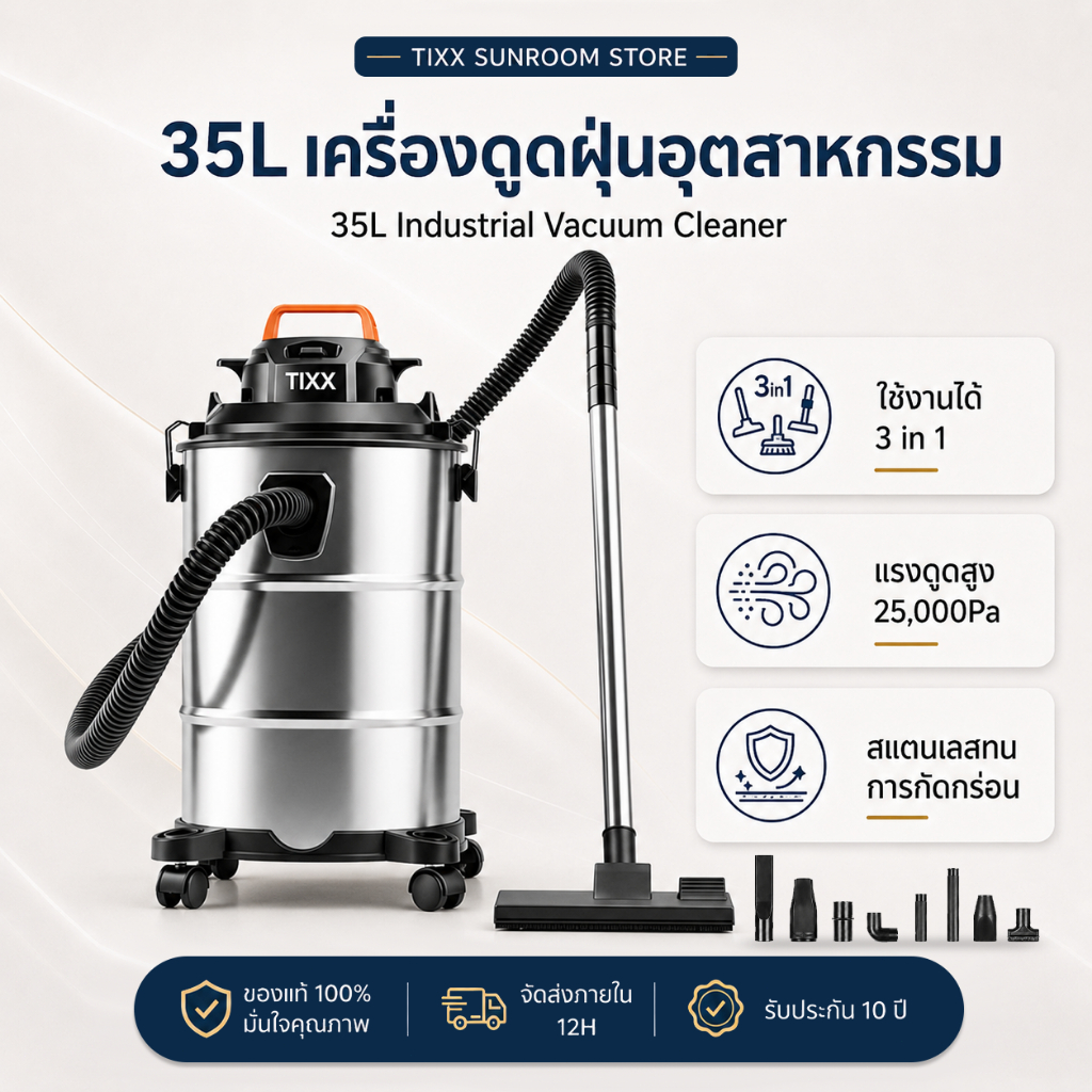 เครื่องดูดฝุ่น 35L 2200W ดูดน้ำ เป่าลม 25000Pa เครื่องดูดฝุ่นอุตสาหกรรม Wet & Dry Vacuum Cleaner