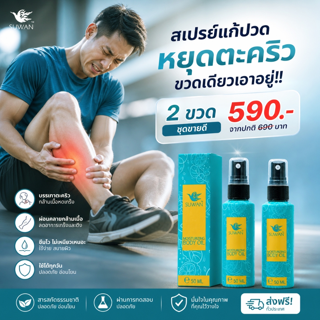 สเปรย์นวัตกรรมแก้ปวดลดตะคริวได้ดีจากแบรนด์สุวรรณหอมซึมง่ายด้วยงานวิจัย(2ขวด)
