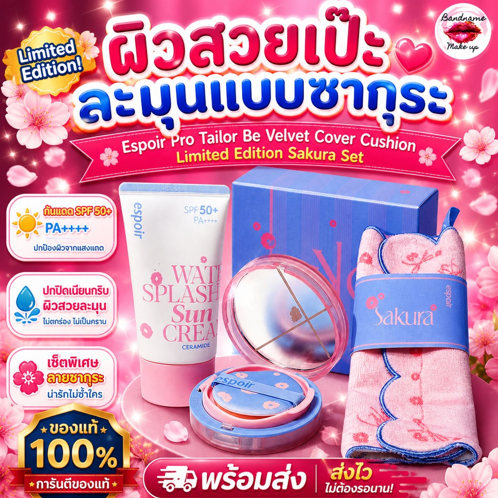 (คุชชั่น+กันแดด+ผ้าเช็ดหน้า) Espoir Pro Tailor Be Velvet Cover Cushion (Limited Edition Sakura Set) (แท้/พร้อมส่ง)