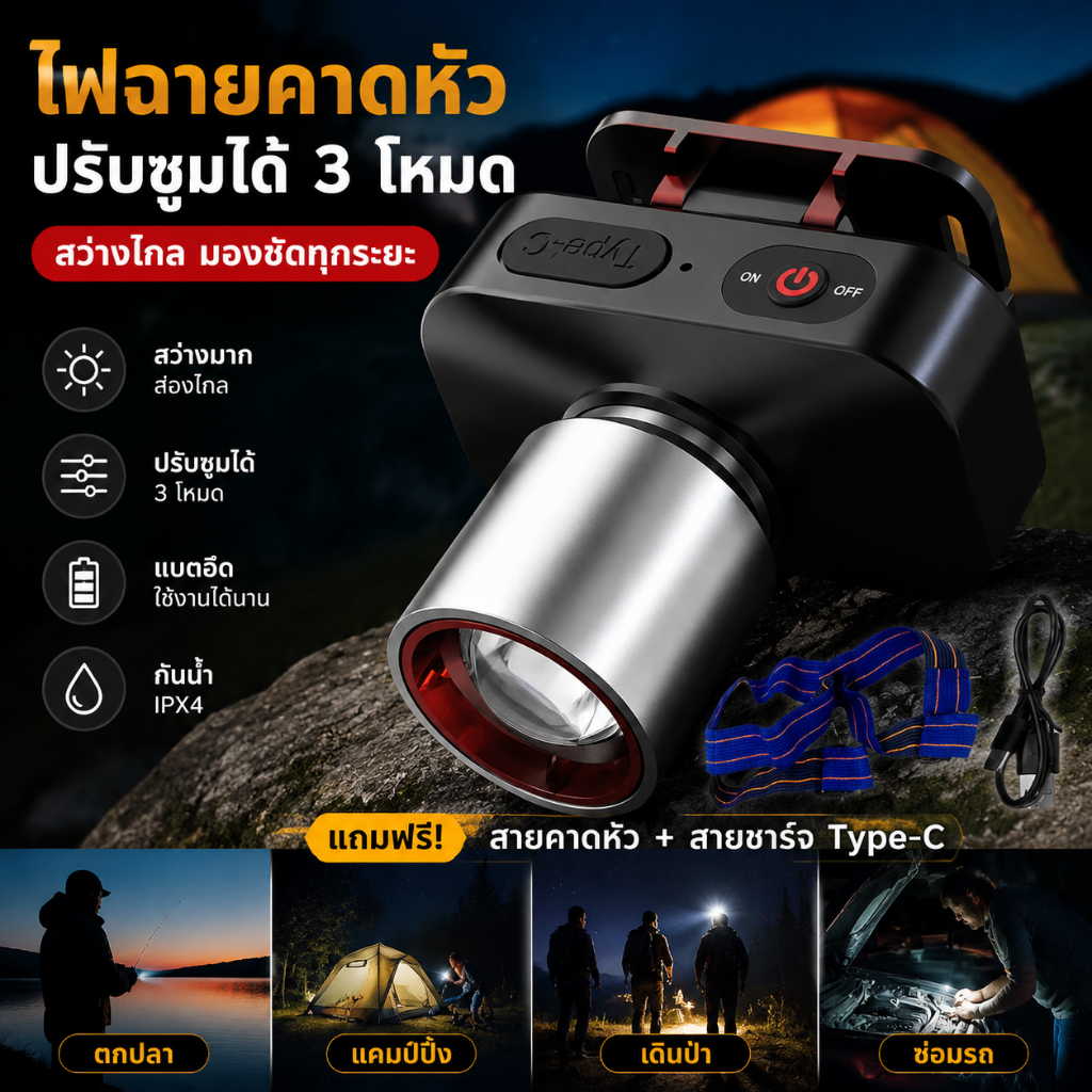 ไฟฉายคาดหัว LED สว่างมาก 250W ซูมได้ ชาร์จ USB-C ใช้งานทน กันน้ำ ราคาคุ้มค่า พร้อมส่งจากไทย
