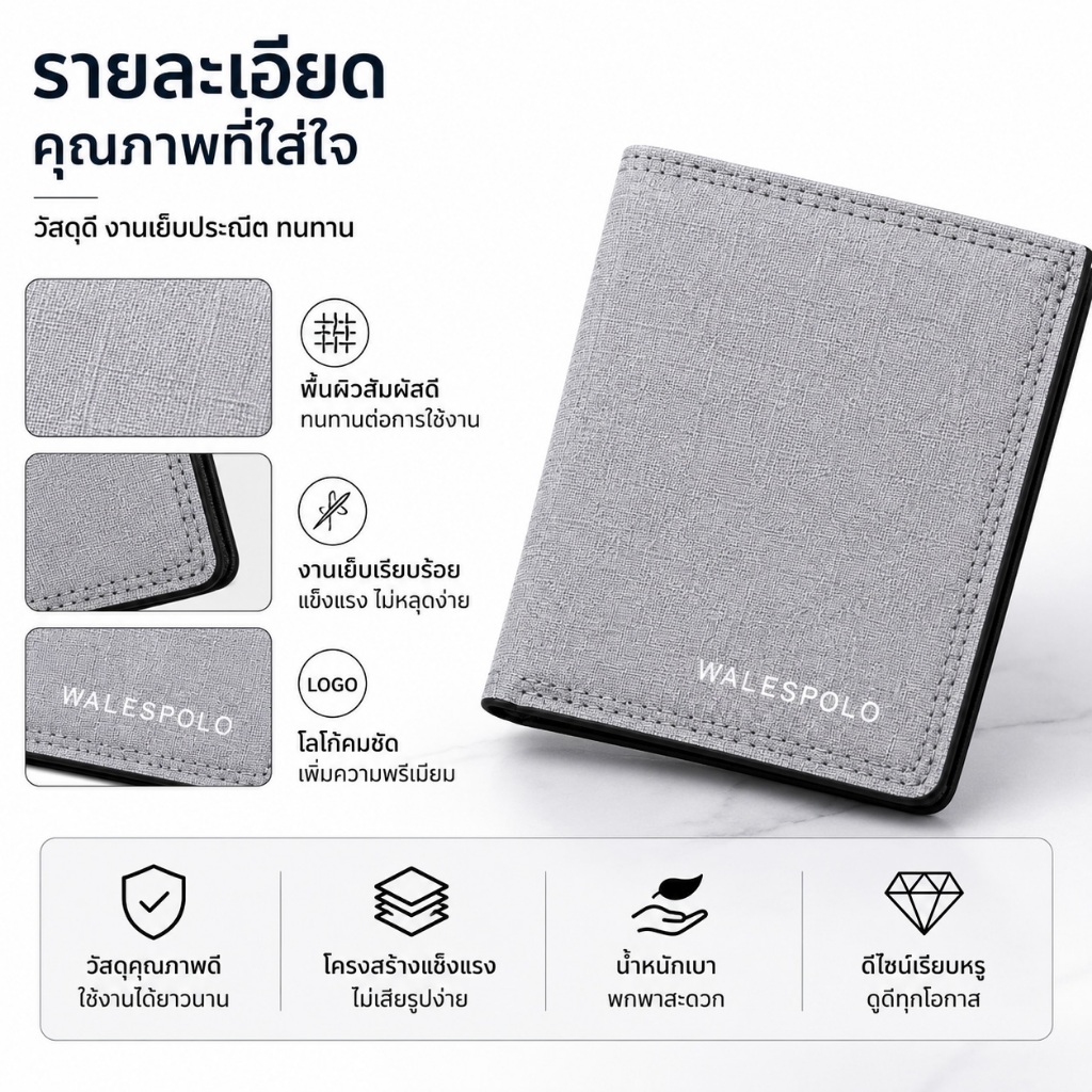กระเป๋าสตางค์ผู้ชาย WALESPOLO สีดำ สีเทา ช่องใส่บัตรครบ รูปที่ 3