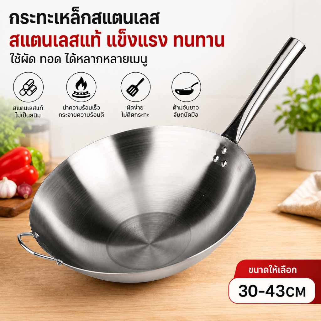 กระทะสแตนเลสทรงญี่ปุ่น ด้ามยาว ขนาดใหญ่ 30-43 ซม. หนาพิเศษ ก้นลึก ใช้ผัดไฟแรง สำหรับร้านอาหาร
