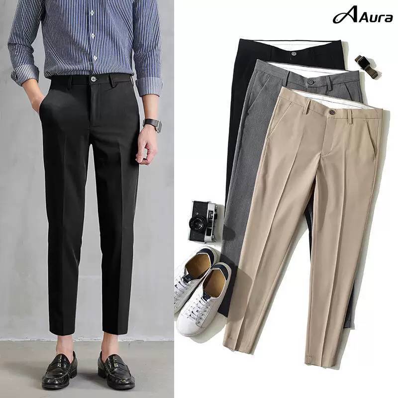 Aura Men's Slim Ankle Pants Business Casual Trousers Korean Style for Office & Daily Wear