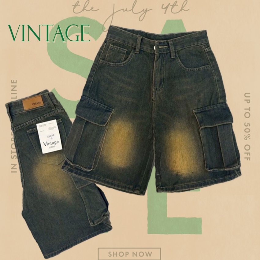 Vintage รุ่น 2303 กางเกงยีนส์ ขาสั้น คาร์โก้ แต่งเฟดขา ทรงสวย ผ้าไม่ยืด กระเป๋าตรง 2 ใบ