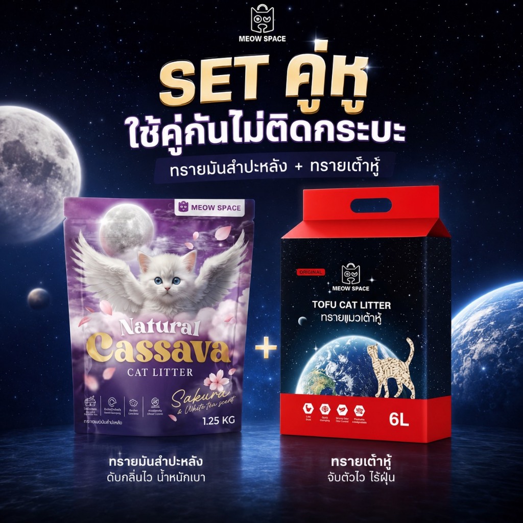 Meow Space Set คู่หู้ ทรายมันสำปะหลัง + ทรายเต้าหู้ จับก้อนดี ไม่ติดกะบะ ไร้ฝุ่น ทรายเม็ดเล็ก อนุภาคความละเอียดสูง
