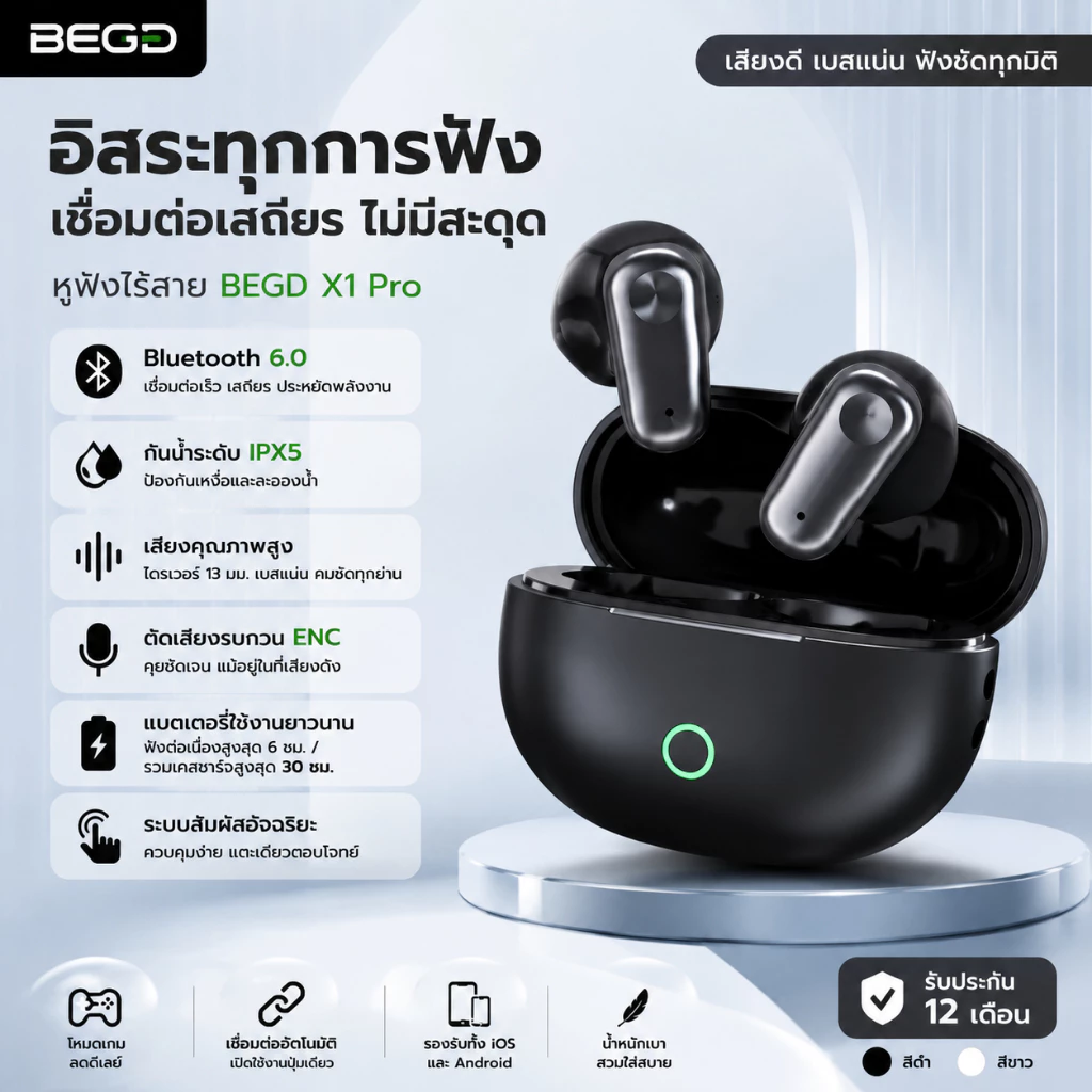 BEGD (รับประกัน 1 ปี+ของแถม) H28 หูฟังบลูทูธไร้สาย HiFi HD Call ลดเสียงรบกวน จับคู่เร็วหูฟังบลูทูธ พร้อมไมโครโฟน