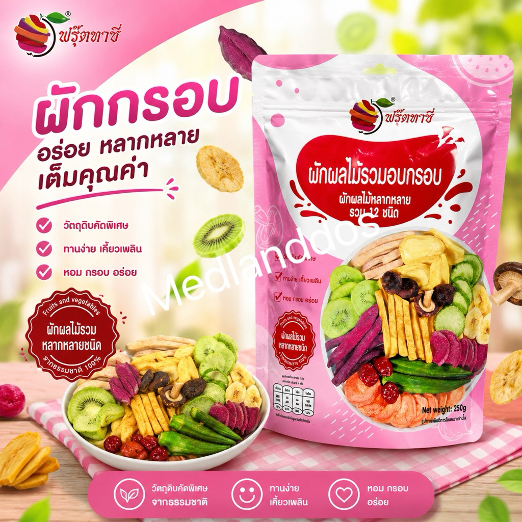 🍄(ห่อชมพู)🍄ผักผลไม้อบกรอบ (ขนาด 250 กรัม) ผักอบกรอบ 12 ชนิด  ผักกรอบ ลอตผลิตใหม่ล่าสุด เพื่อสุขภาพ
