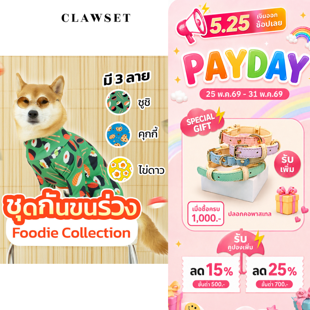 ชุดกันขนร่วง ชุดเก็บขน น้องหมาแมว ลายอาหารจานโปรด ไข่ดาว คุกกี้ ซูชิ | CLAWSET.BKK