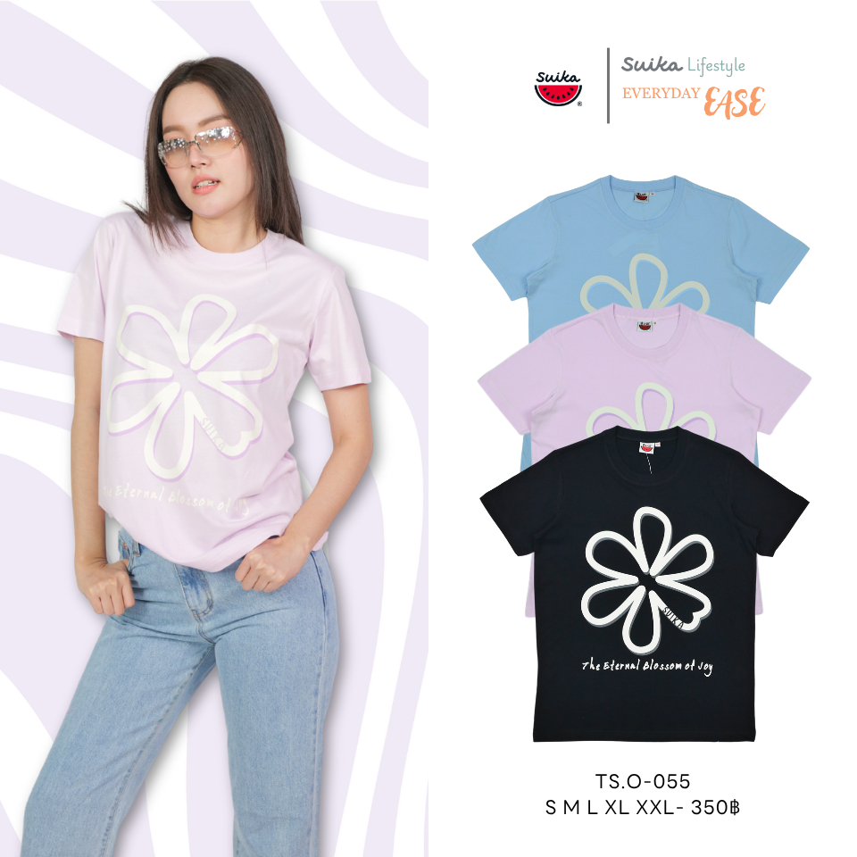 เสื้อแตงโม (SUIKA) เสื้อยืดคอกลมแขนสั้นพิมพ์ ดอกผักแว่น ( TS.O-055 )