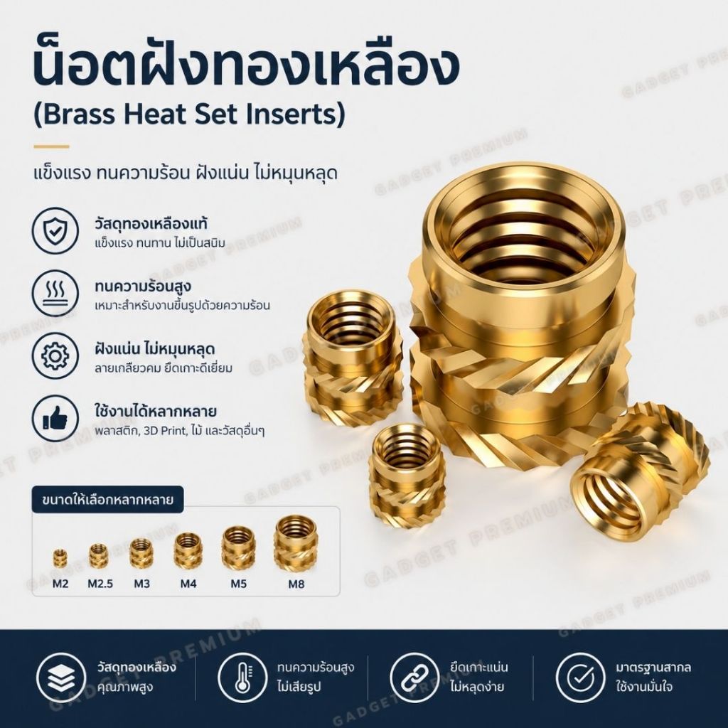 น็อตฝังทองเหลือง (Brass Heat Set Inserts) สำหรับพลาสติก งานพิมพ์ 3D – M1 M2 M3 M4 M5 M6 เกลียวโลหะแข็งแรง ยึดชิ้นงานแน่น