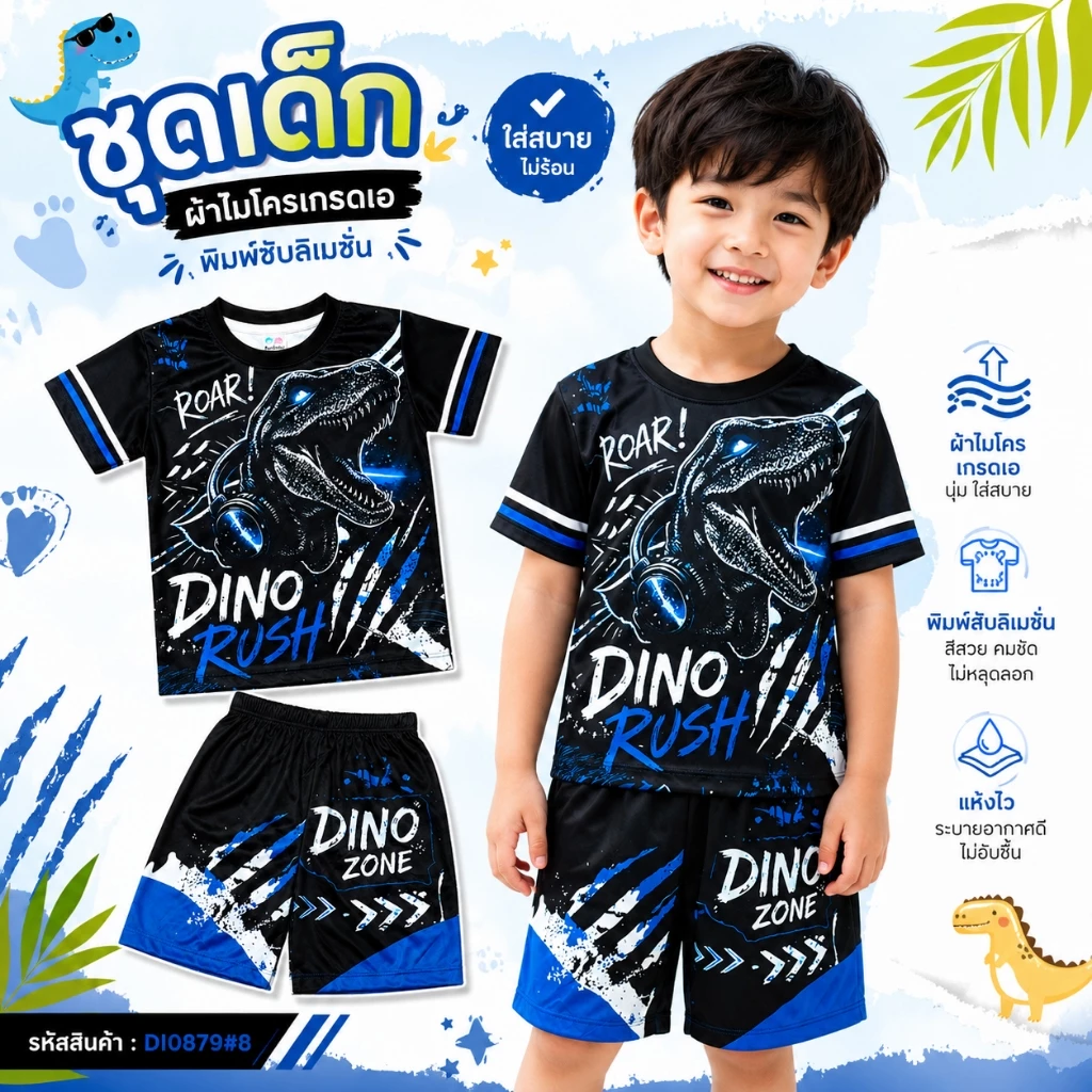(DI0879#8) เสื้อผ้าเด็ก เสื้อแขนสั้น+กางเกงขาสั้น เนื้อผ้าไมโครเกรดA ลายไดโนเสาร์ ทีเร็กซ์ ชุดเด็กแฟชั่น ลายการ์ตูน