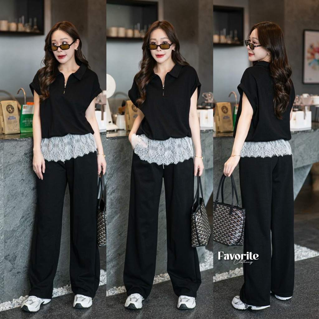 🌈🌿🌼🌺🌸🖤🩶🇰🇷 Cotton Patch Rim Lace Zip Collar Top&Long Pant Set