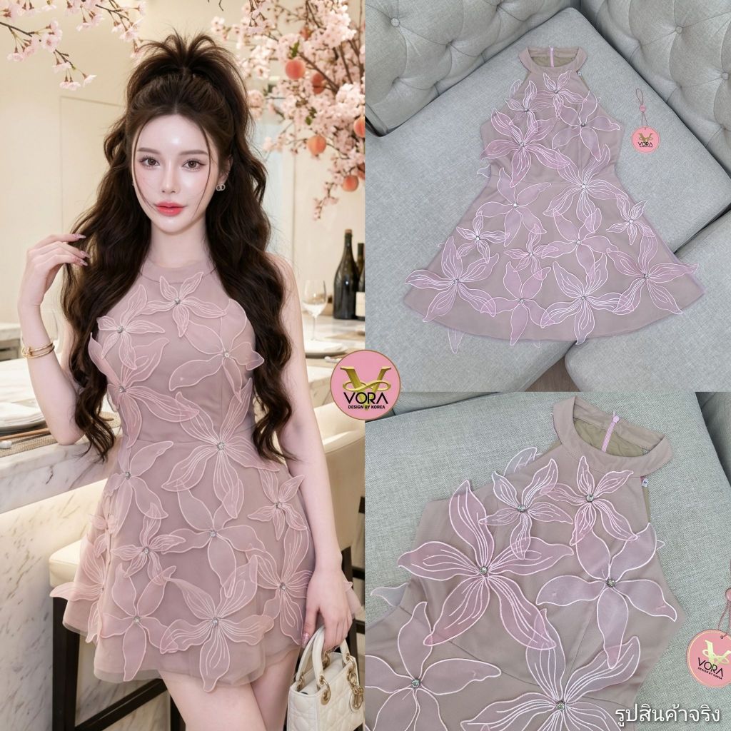 VORA : Dress เดรสสั้นดอกไม้ 3Dทรงเอ ชมพู