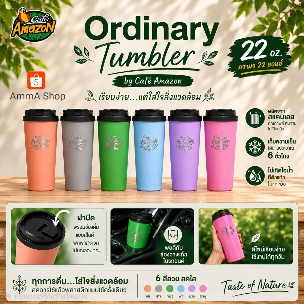 Café Amazon Ordinary Tumbler มี 6 สี แก้วสแตนเลสเก็บความเย็นได้นาน