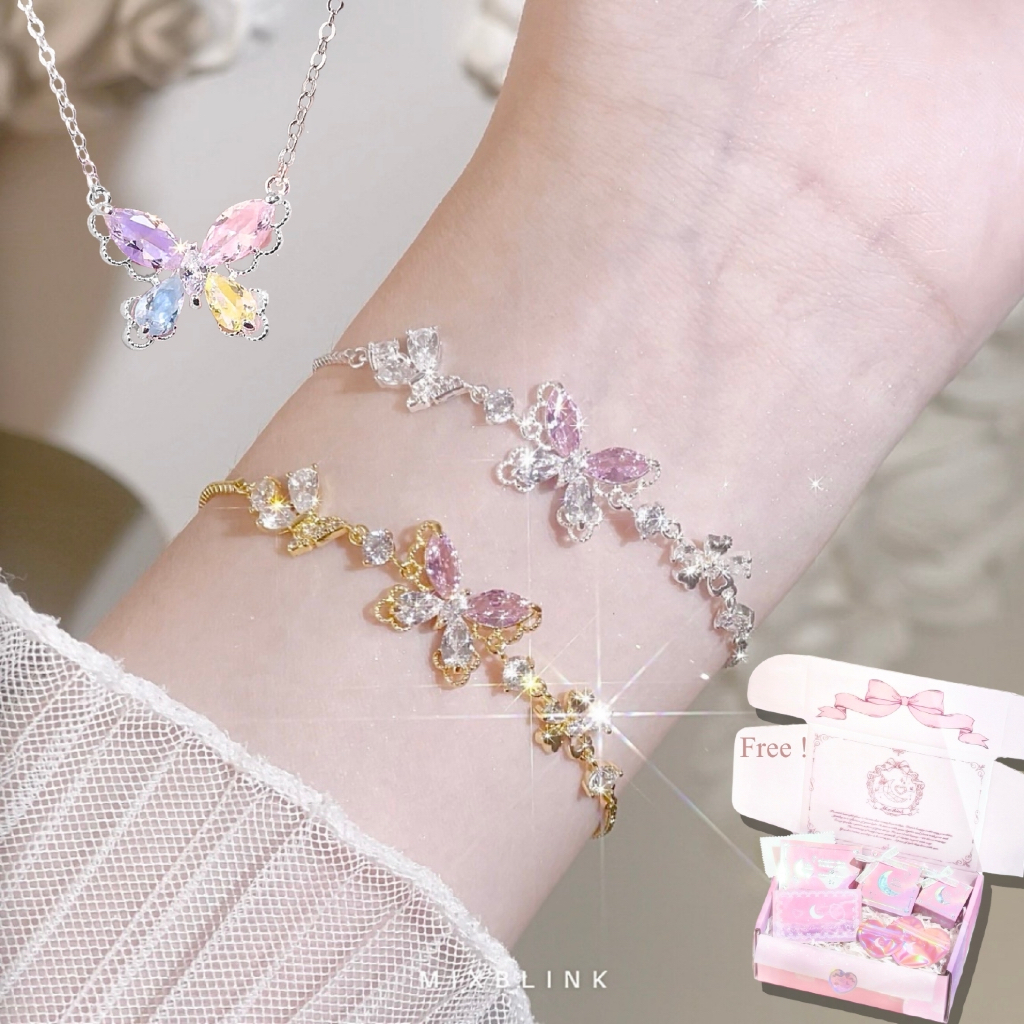สร้อยคอ , สร้อยข้อมือ ทองเหลืองชุบหนาพิเศษ ส่งฟรี EMS ♡ รุ่น Apily ♡ - ผีเสื้อ พลอย ชมพู เพชร cz MixBlink