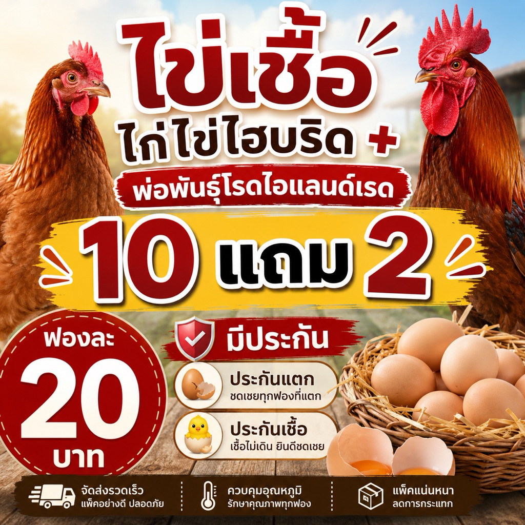 ไข่เชื้อไฮบริด+พ่อพันธุ์โรดแดง(10แถม2)