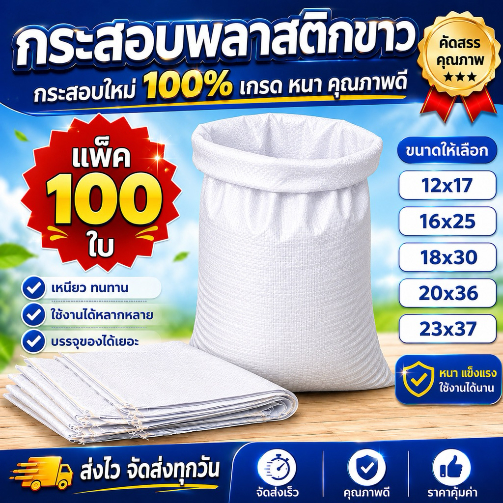 ส่งทุกวัน (แพ็ค 100 ใบ) กระสอบใหม่สีขาว ราคาโรงงาน สำหรับใส่น้ำตาล ข้าวสาร