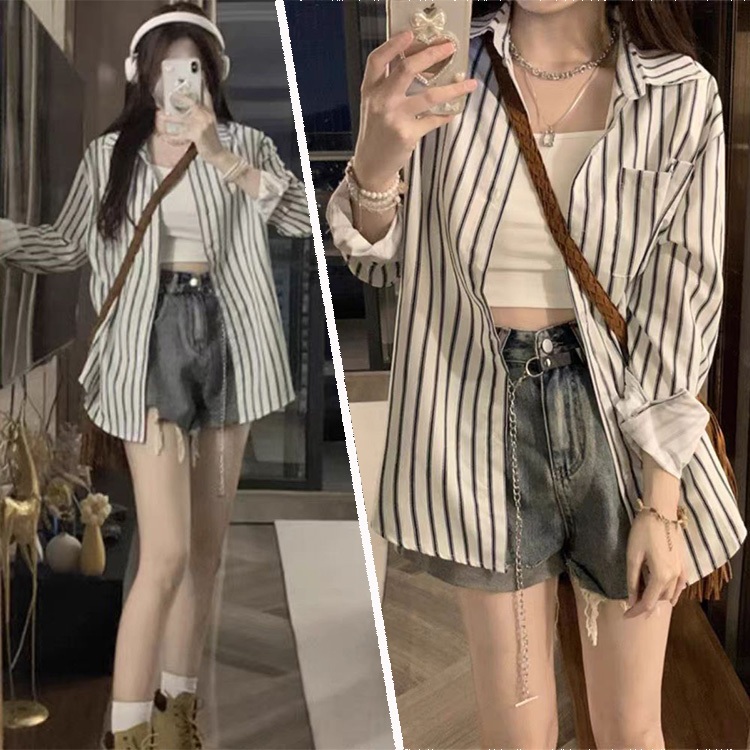 🛒พร้อมส่ง*เสื้อเบลาส์❤️ สไตล์เกาหลี แขนยาวลายทางแฟชั่นสุดชิค คอปก เสื้อ  ดีไซน์เรียบหรู ใส่สบายทุกโอกาส#F083