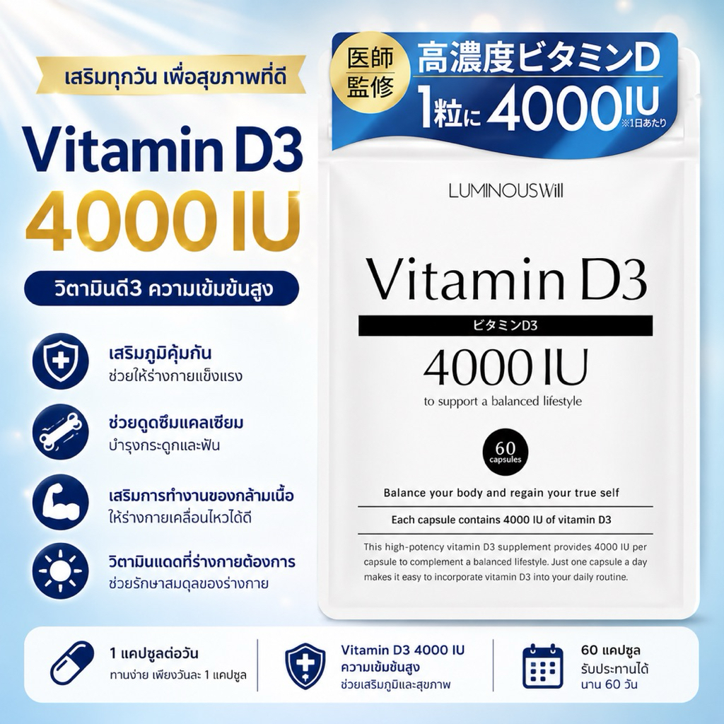 (สินค้าพร้อมส่ง) Vitamin D3 มี 60 เม็ด สำหรับ 60 วัน 4000 IU วิตามินดี 3 ของแท้ 100% Vitamin D