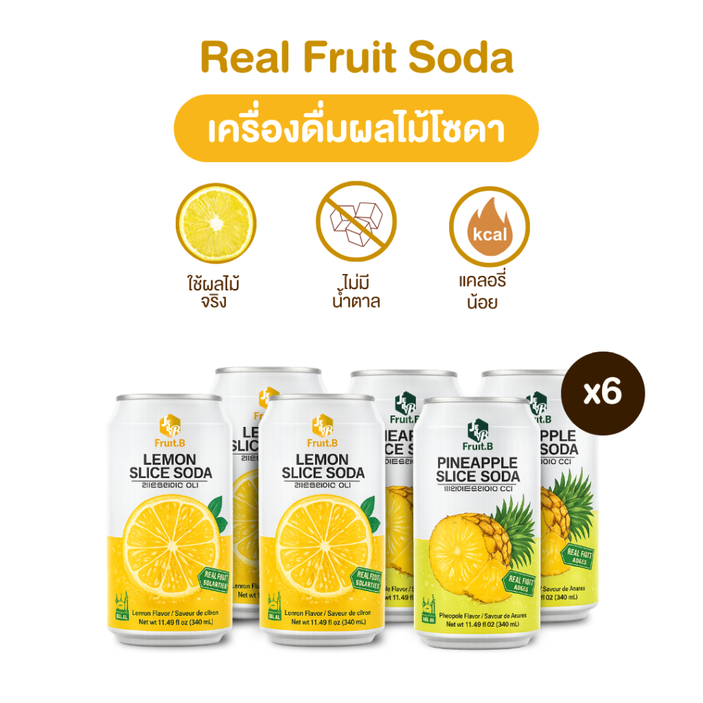 [โปรยกแพค 6กระป๋อง] Real Fruit Soda เครื่องดื่มผลไม้โซดาสไลด์ ไม่มีน้ำตาล แคลน้อย ผลไม้จริง 340ml x6