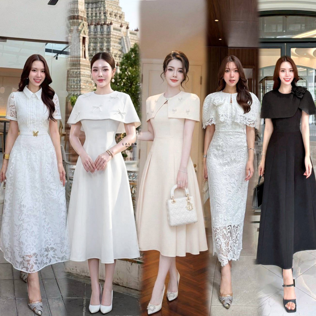 S-XXL✨ชุดเดรสทรงคลุมไหล่,คอปก สีขาว/ดำ/ครีม/ชมพู/ฟ้า #ชุดทำบุญ ชุดไปงานบวช งานแต่ง #ชุดลูกไม้ #Mila