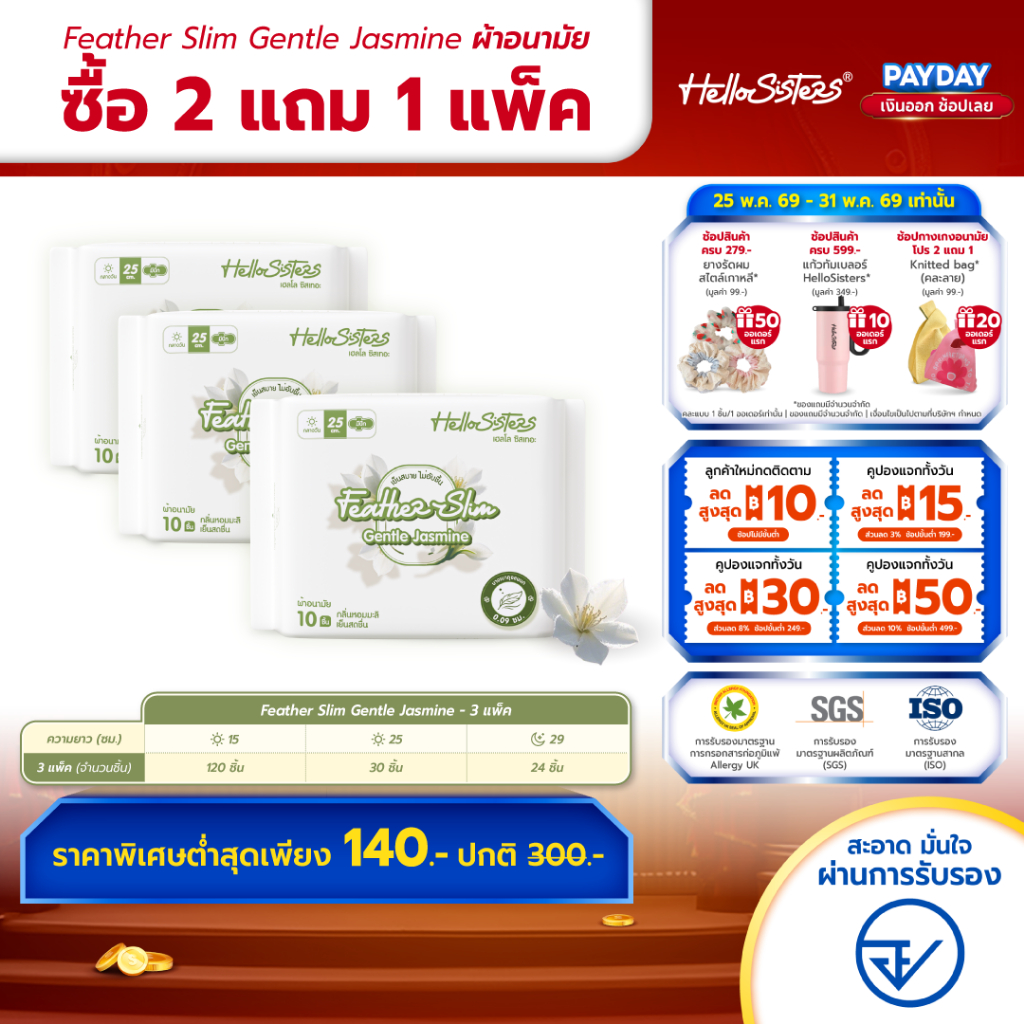 [เลือกความยาวเลย] 2 แถม 1 Feather Slim Gentle Jasmine HelloSisters เฮลโล ซิสเทอะ ผ้าอนามัย มีปีกและไม่มีปีก 15-29 ซม.