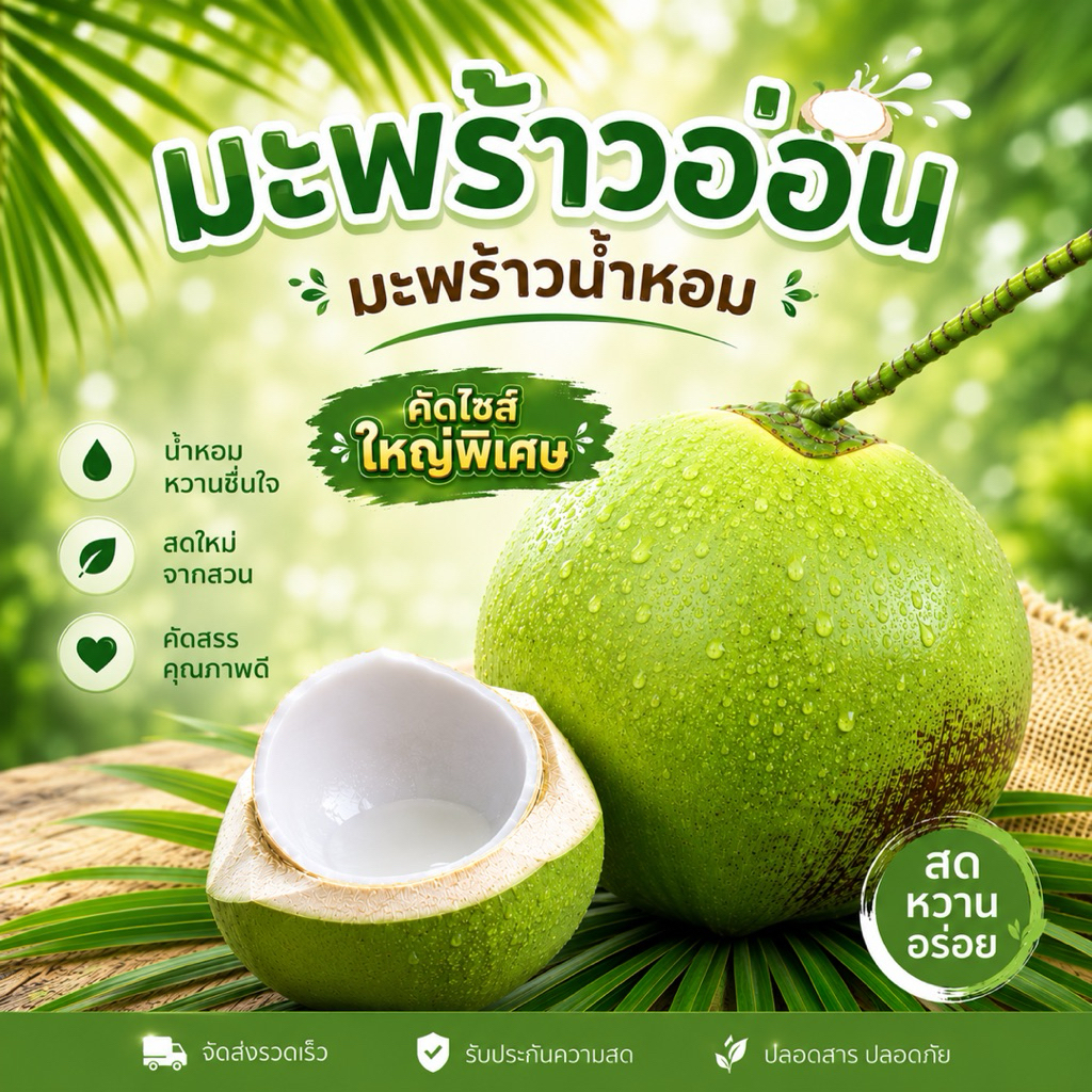 มะพร้าวอ่อนน้ำหอม (คัดไซส์ใหญ่)ตัดสดๆทุกวัน น้ำหวานเนื้อนุ่ม เนื้อหนึ่ง-สองชั้น ราคาต่อ 1 ลูก
