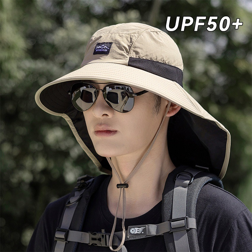 หมวกกันแดดสำหรับเดินป่าและปีนเขา หมวกคลุมคอป้องกันรังสียูวี หมวกกันแดดกันลมปรับได้พร้อมเชือกผูก