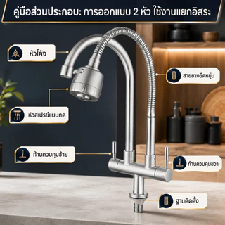 ก๊อกน้ำ ก๊อกอ่างซิงค์ยืน2หัว สแตนเลส304 2-ใน-1 หมุนได้ 360 องศา ปรับได้