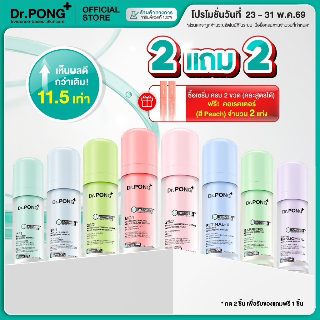 [2 ฟรี คอลเลคเตอร์] รวมเซรั่มขายดี เห็นผลกว่าเดิม Dr.PONG activeIN™ Series Serum เทคโนโลยีรางวัลระดับโลก ซึมเข้าผิวขึ้น