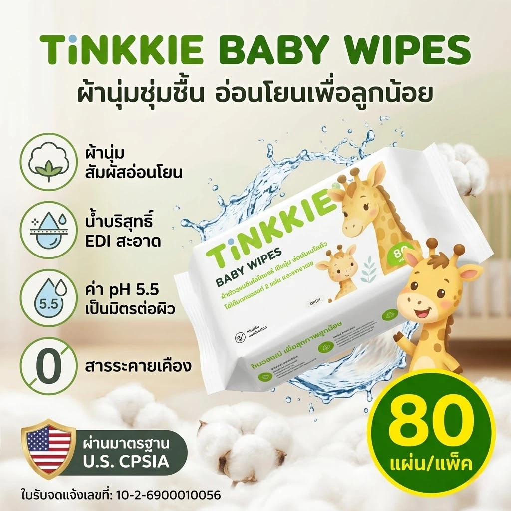 TiNKKIE Baby Wipes ทิชชู่เปียกเด็ก 240 แผ่น สูตรอ่อนโยน pH5.5 ไม่มีแอลกอฮอล์ สำหรับเด็กแรกเกิด