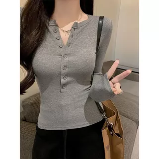 พร้อมส่งในไทย** เสื้อยืดแขนยาว มีกระดุมหน้า เสื้อใส่ลำลอง Y324