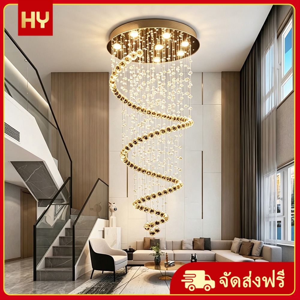 บันไดยาวโคมระย้าวิลล่าหรูคริสตัลไฟตกแต่งห้องนั่งเล่นโมเดิร์นไฟ