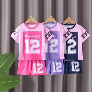 [พร้อมส่งในไทย] เชุดกีฬาเด็กสาว 2ชิ้น สีชมพูม่วง ผ้าตาข่าย ระบายเหงื่อ สไตล์สปอร์ต