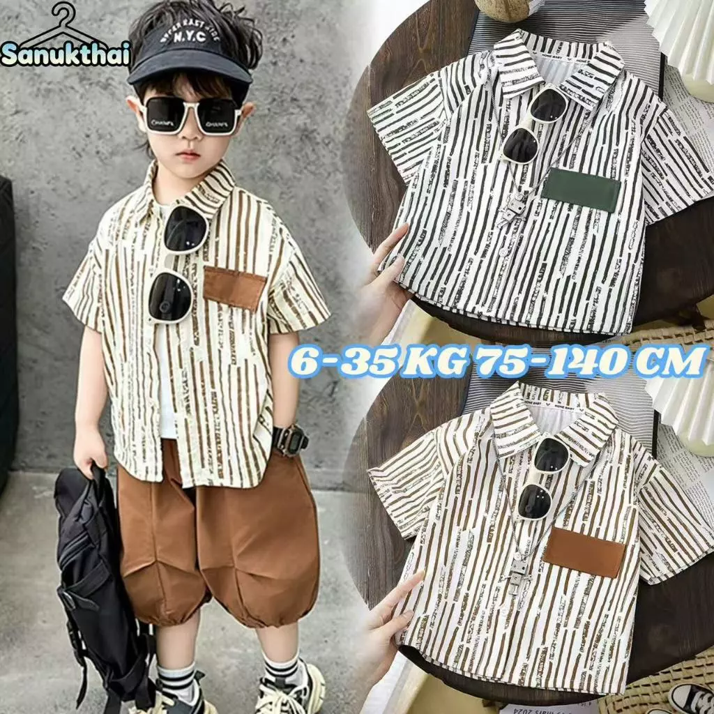 เสื้อเชิ้ตแขนสั้นลายทางเด็กผู้ชาย 6-34 กก. 2026ใหม่ สไตล์เกาหลีเท่ๆ พร้อมส่งจากไทย