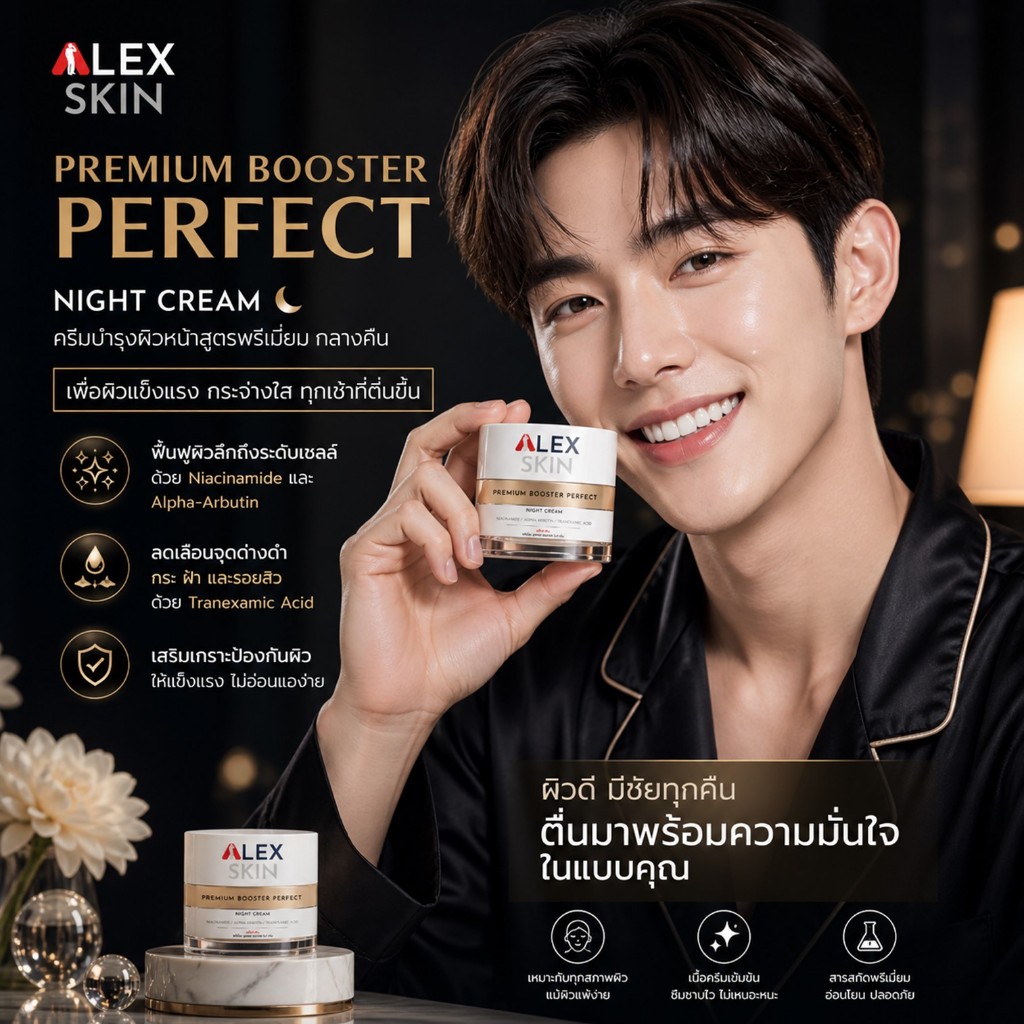 ALEX SKIN PREMIUM BOOSTER PERFECT NIGHT CREAM ครีมบำรุงผิวหน้าตอนกลางคืนสำหรับผู้ชายสูตรพรีเมี่ยมย้อนวัยผิวกระจ่างใส