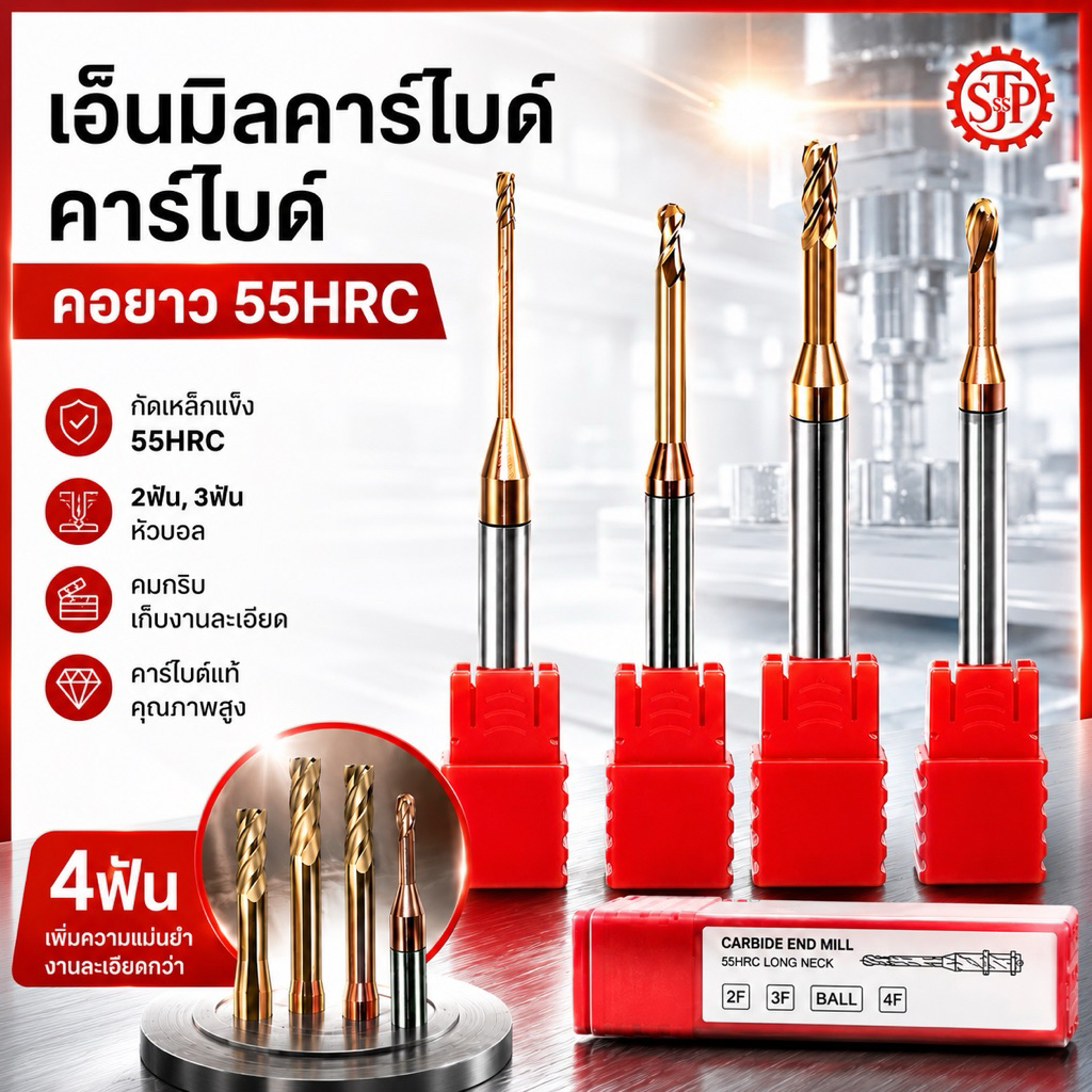 เอ็นมิลคาร์ไบด์ คอยาว แข็ง55HRC เคลือบสีทองแดง - Long Neck Carbide End Mills