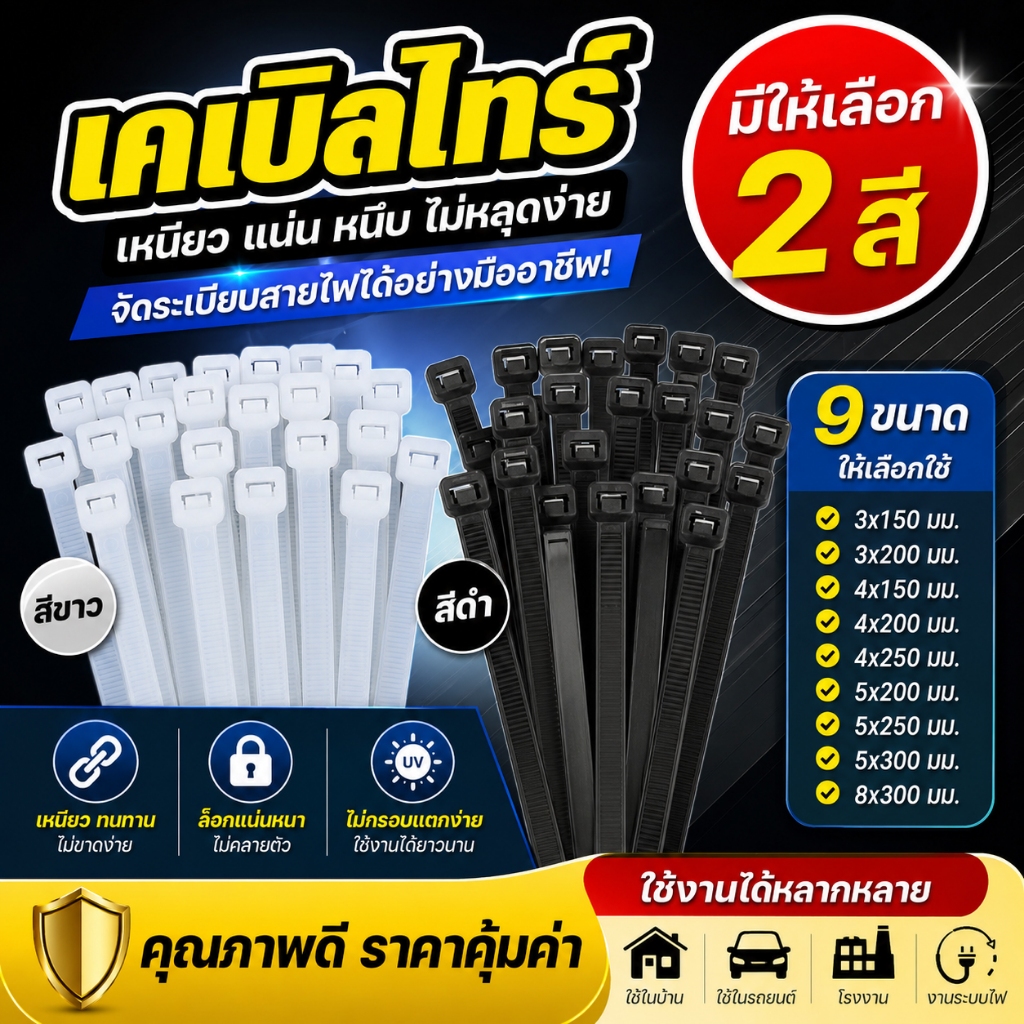 COD เคเบิลไทร์ （100ชิ้น）6/8/10/12นิ้ว มีสีขาวและสีดำ สายรัดไนล่อน หนวดกุ้ง สายเคเบิ้ลไทร์ ขายส่ง