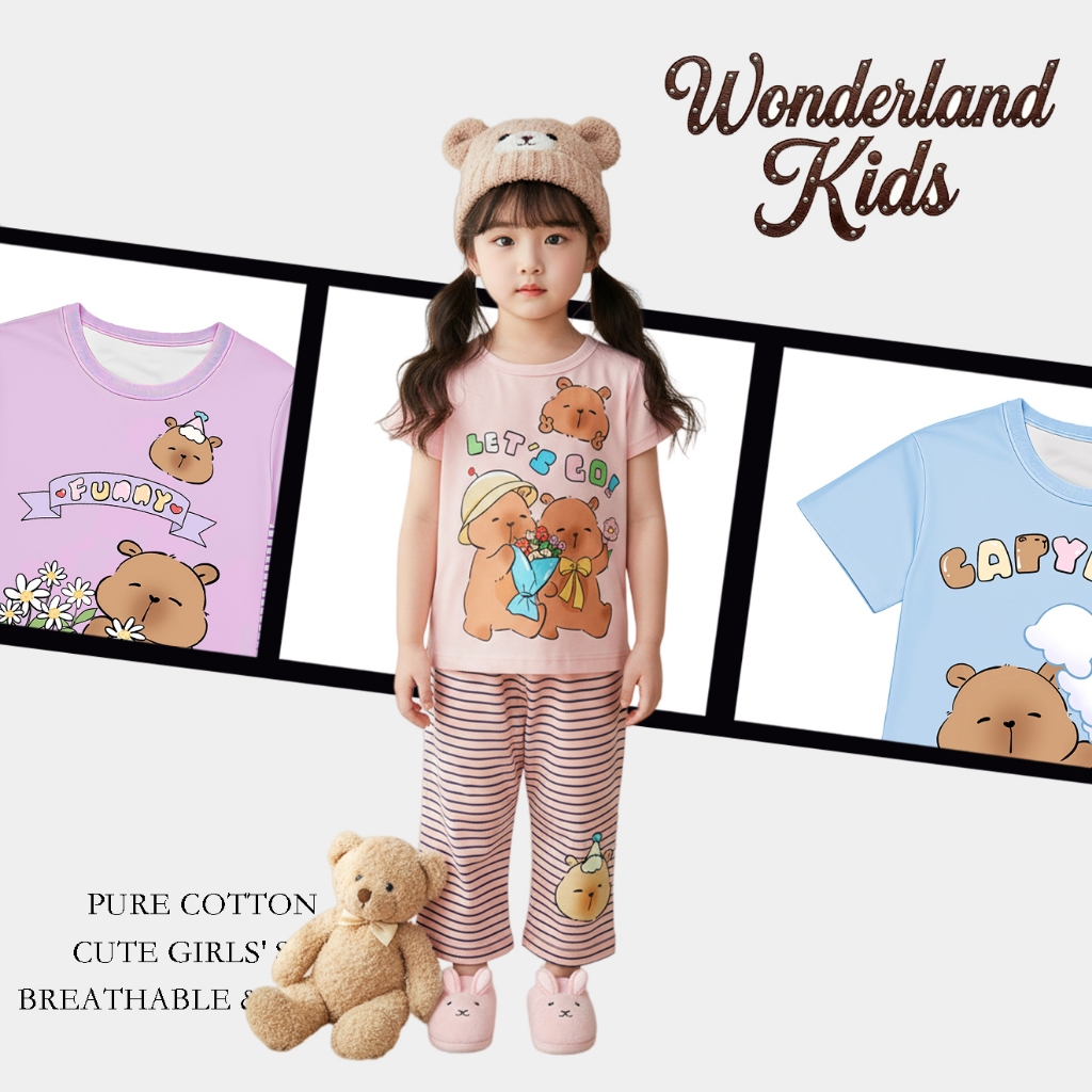 ชุดเซ็ทเด็ก น่ารักๆ เสื้อแขนสั้นกางเกงขายาว ทรงหลวมลําลอง ลายการ์ตูนสุดฮิต