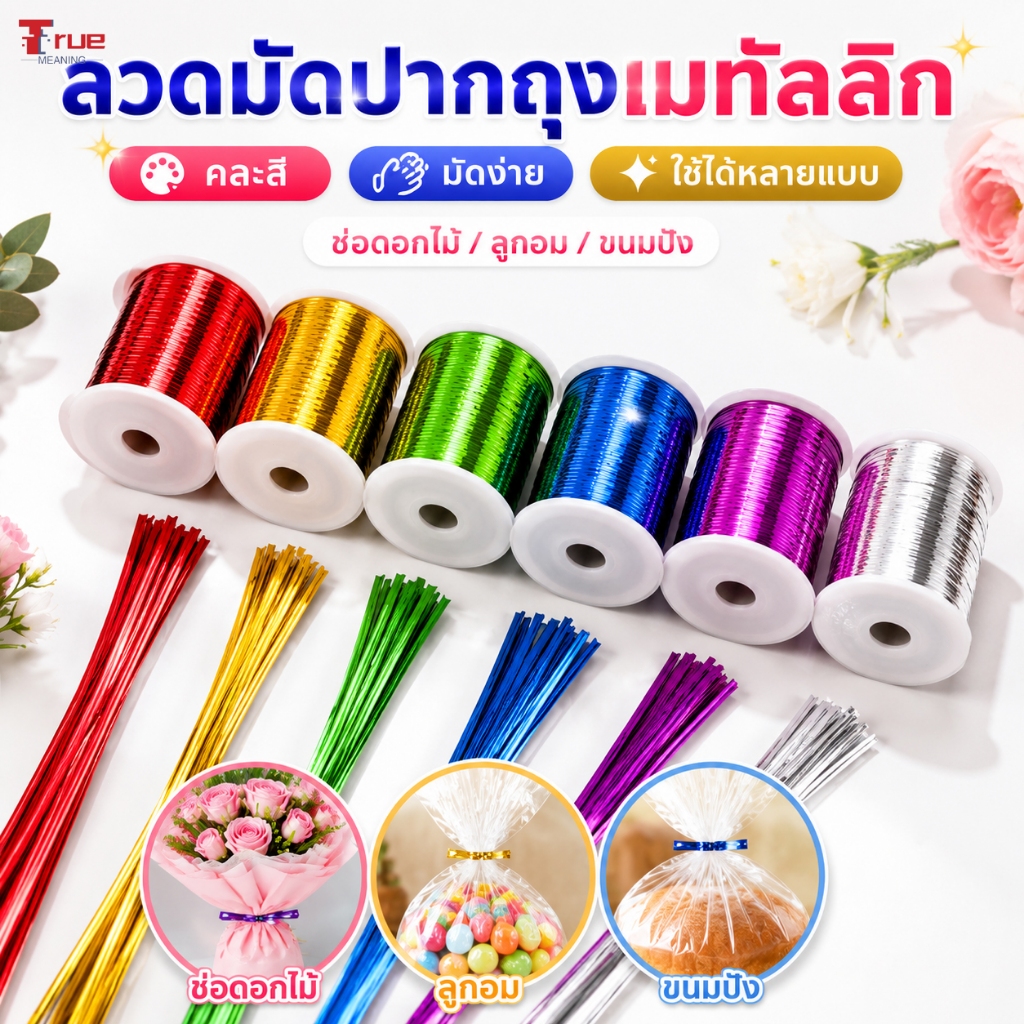 ลวดมัดปากถุงเมทัลลิก คละสี เงาวาว สำหรับมัดถุงขนม เบเกอรี่ และช่อดอกไม้
